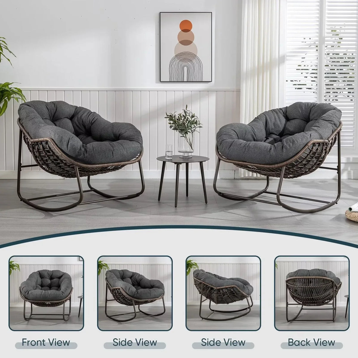 2026 NewOutdoor Papasan Rocking Chair, Patio Oversized Wicker Egg Rocking Chair, Indoor & Outdoor Comfy Rocker Chair with Thick Cushion, Modern Lounge Chair for Front Porch, Garden, Backyard, Grey