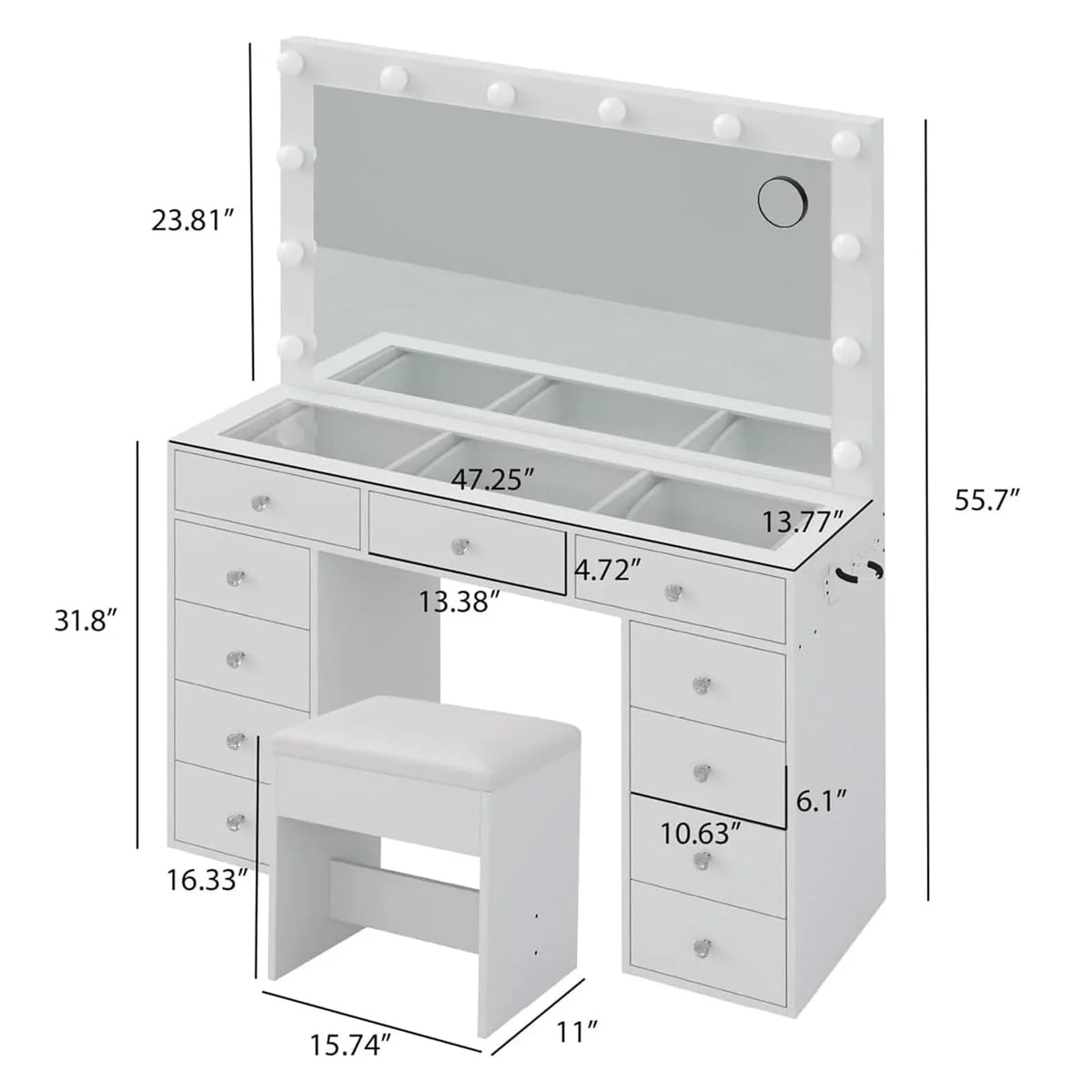 2026 NewWhite Vanity Desk with Illuminated Mirror & Power Outlet, 11 Drawers Vanity Table with Chair, Makeup Vanity with 12 LED Lights, Tempered Glass Top, Dressing Table for Bedroom,Dressing Room