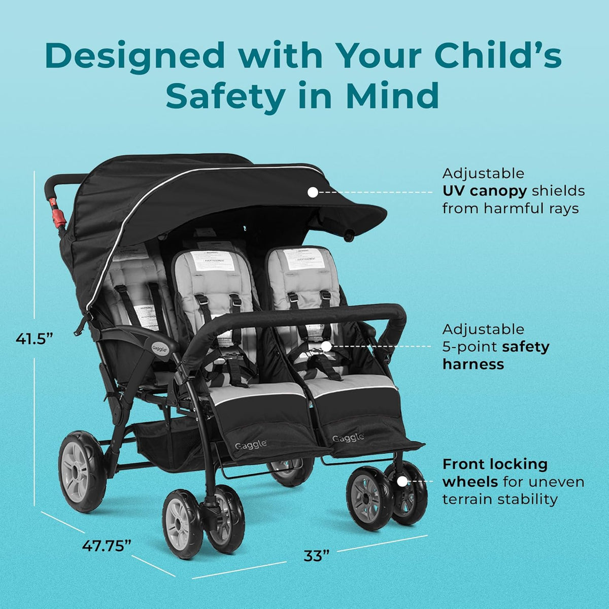 Compass Quad 4 Seat Stroller | 4-Seat Stroller for Daycare | Oversized UV Blocking Canopy | 5-Point Harness | Easy Loading | Storage Bucket | Teal