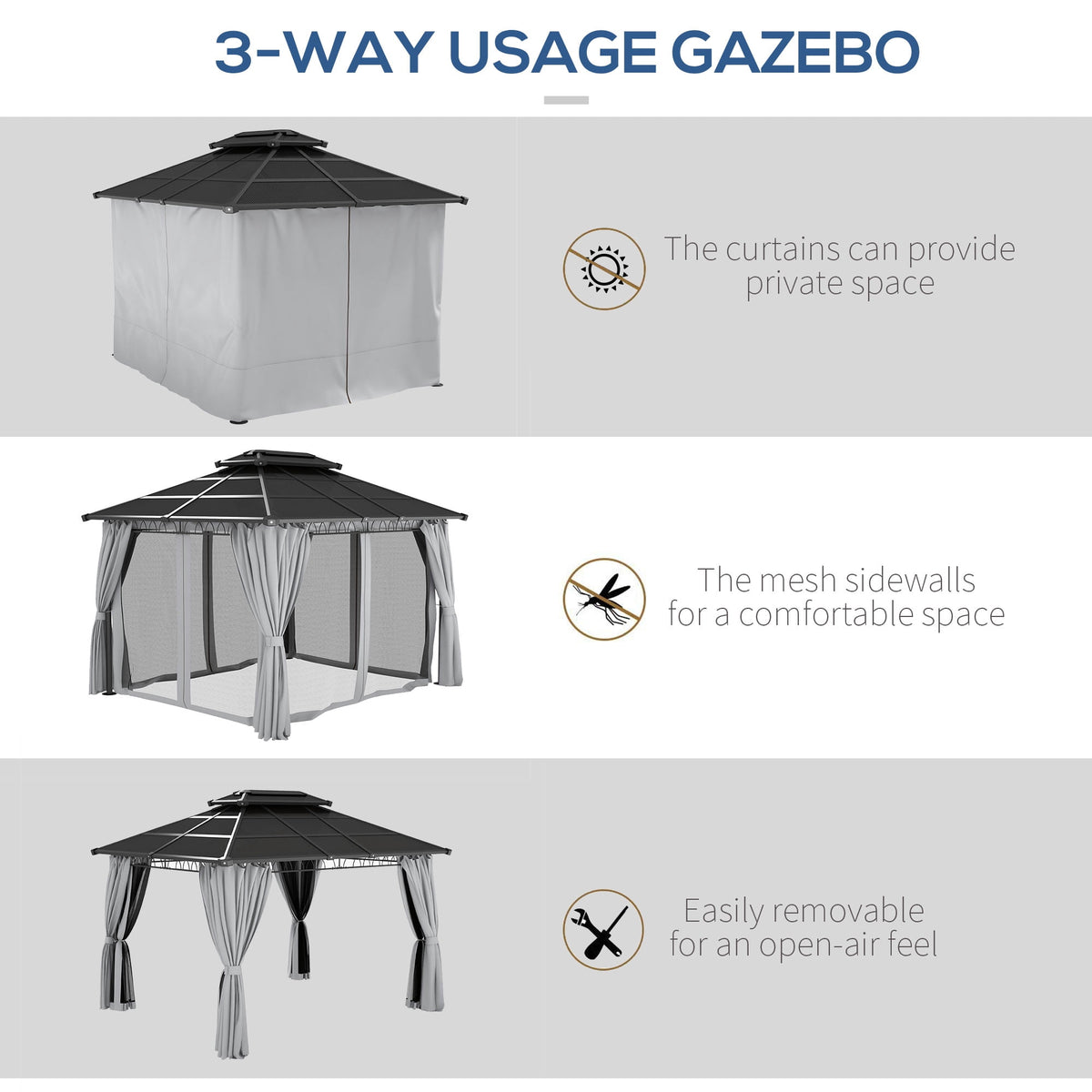 Outsunny 10' x 12' Double Roof Hardtop Gazebo with Nettings Curtains Grey