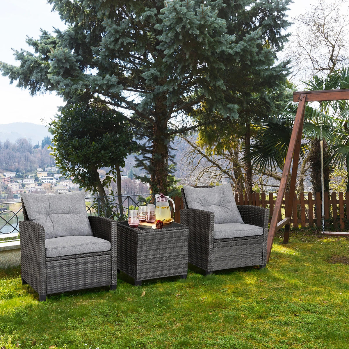 2026 NewGymax 3PCS Patio Rattan Sofa Set Outdoor Wicker Conversation Set Glass Tabletop w/ Grey Cushion