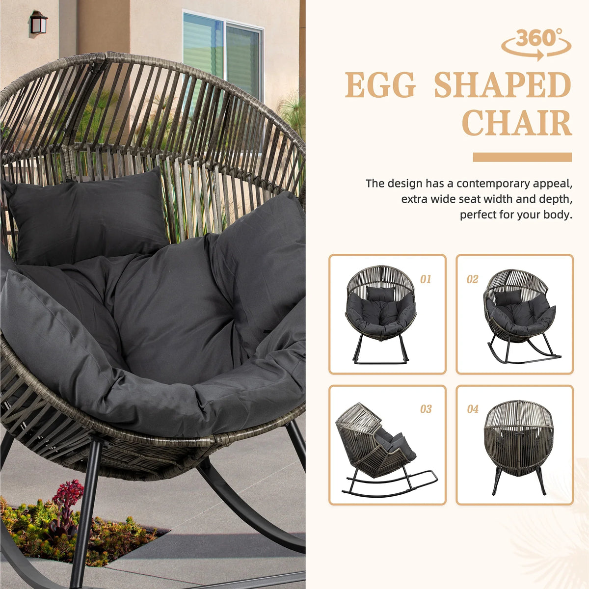 2026 NewWalsunny Egg Chairs Outdoor Patio Wicker Oversized Egg Shell Lounger Lawn Chair with Cushion for Indoor Outside Porch Balcony Backyard, Original Wood Color Rattan Beige Cushion