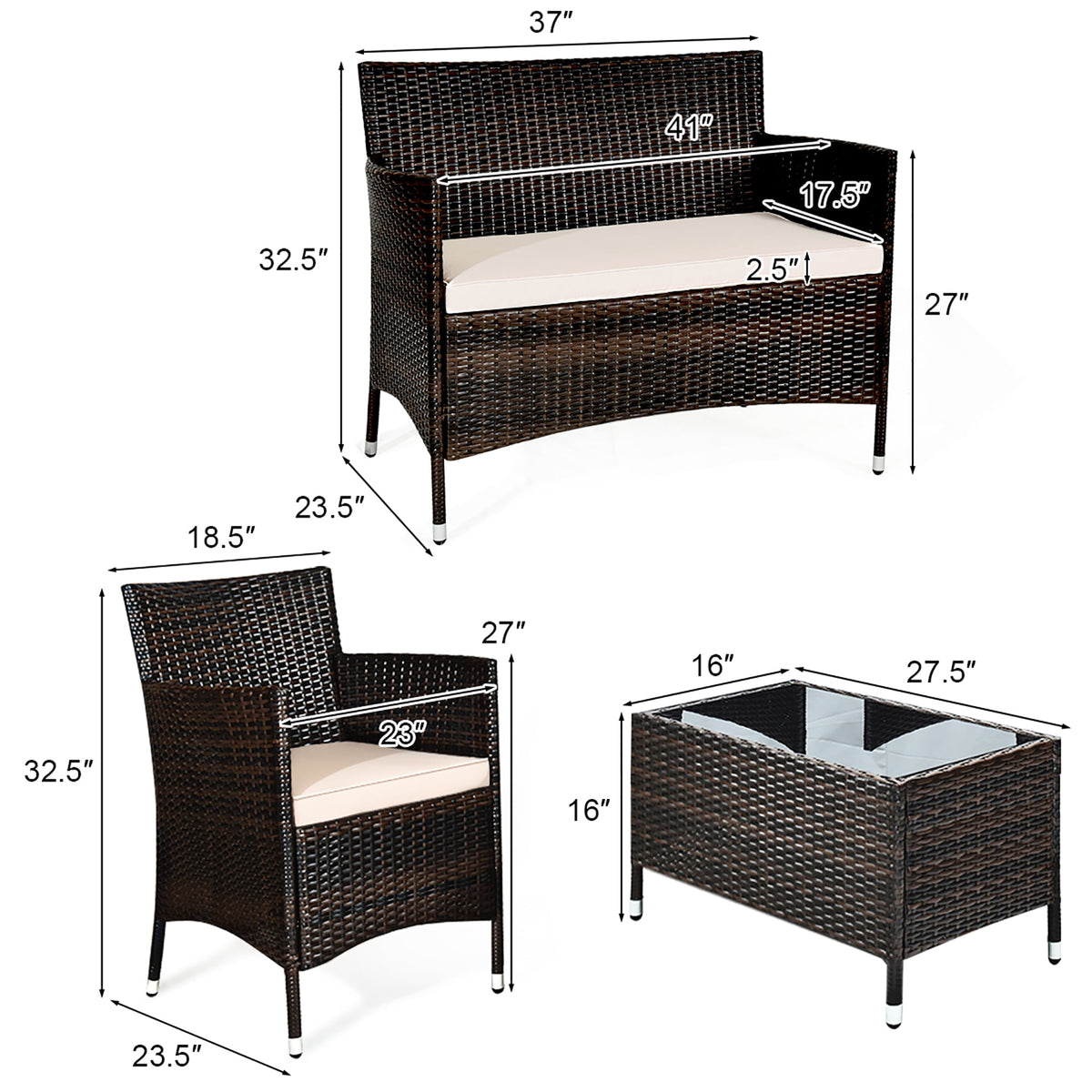 Gymax 8 PCS Patio Garden Rattan Furniture Set Coffee Table Cushioned Sofa Brown