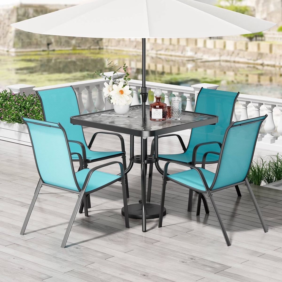 2026 NewPirecart 5-Piece Outdoor Patio Dining Table Set with 4 Stackable Textilene Chairs for for Patio, Lawn, Garden, Gray