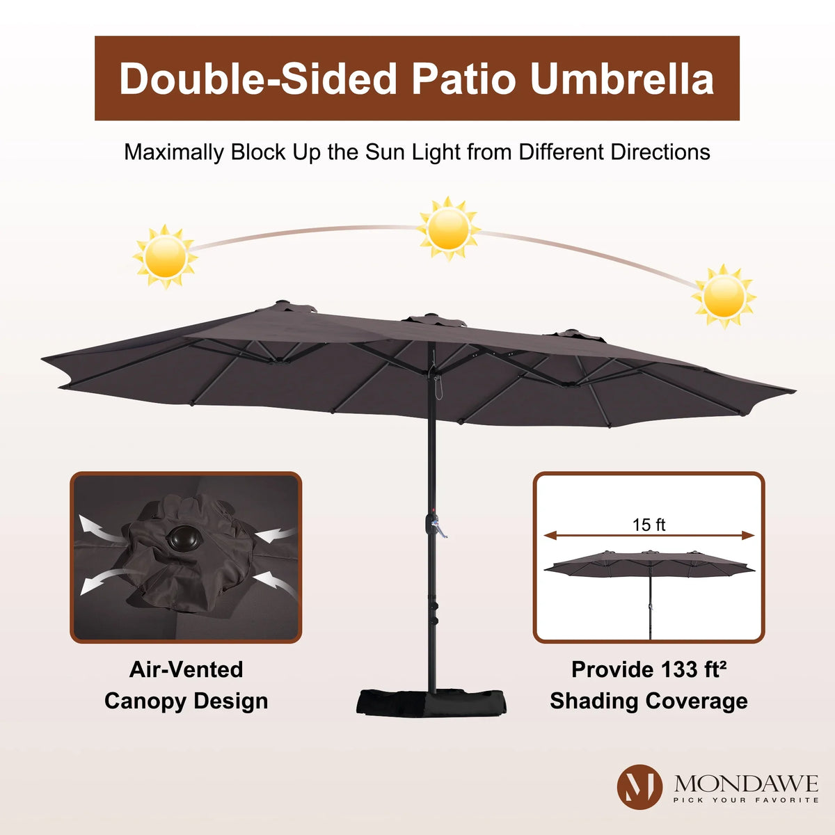 2026 NewMondawe 15ft Patio Umbrella Rectangular Outdoor Market Umbrella with Base and LED Lights Beige