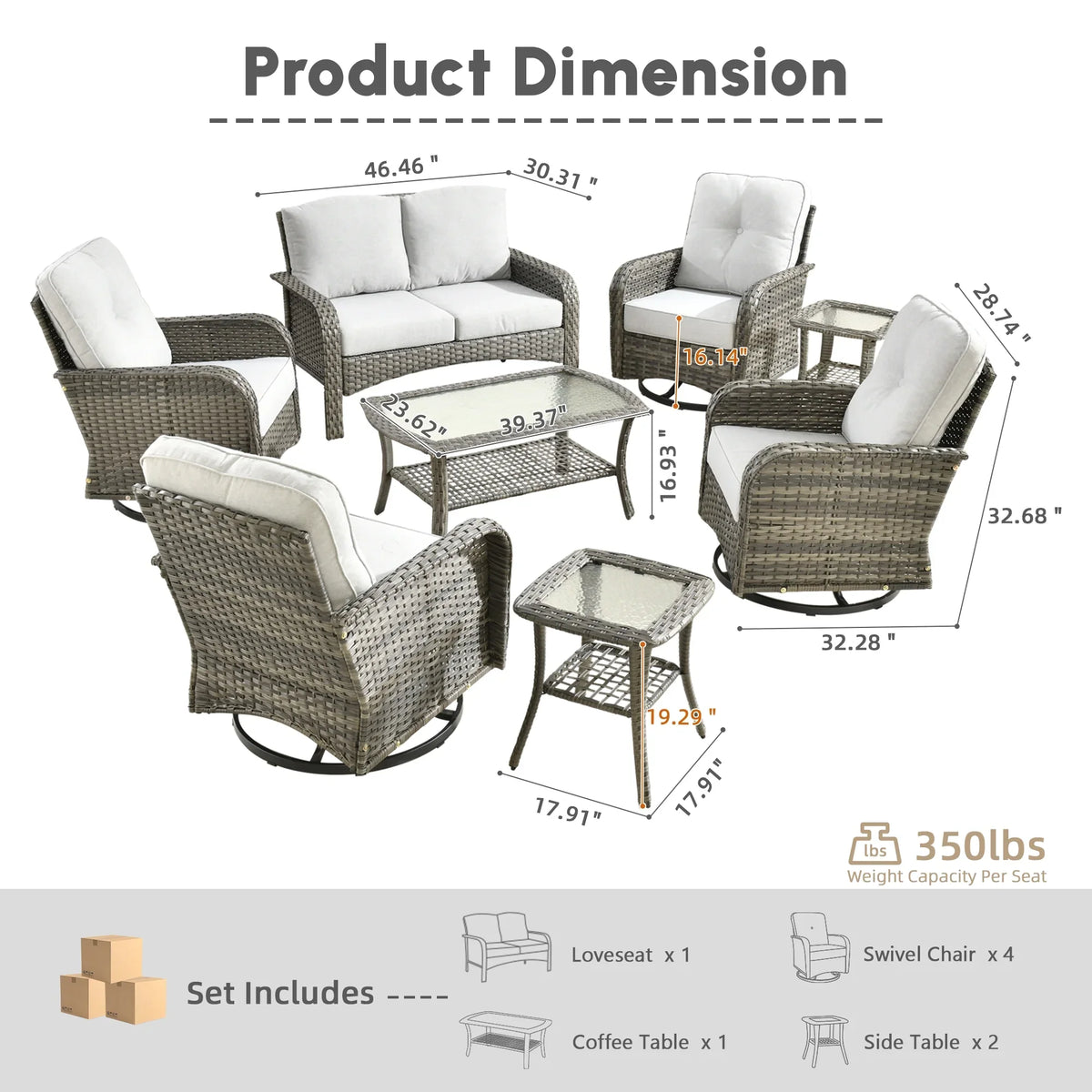 2026 NewOvios 5 Pieces Outdoor Patio Furniture Set High Back All Weather Wicker Conversation Set with Swivel Chairs & Coffee Table, Dark Gray