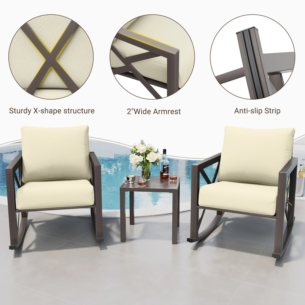 2026 NewMRUAKA Rocking Chair Bistro Set,3 Piece Outdoor Patio Furniture Set with 2 Rockers and 1 Metal Coffee Table with Thick Cushions for Porch,Backyard,Poolside,Beige