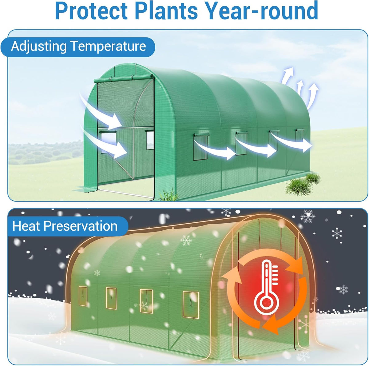 Garvee Tunnel Walk-In Greenhouse, 15 x 6.5 x 6.5 ft, Galvanized Steel Frame, 8 Vents & Roll-up Door