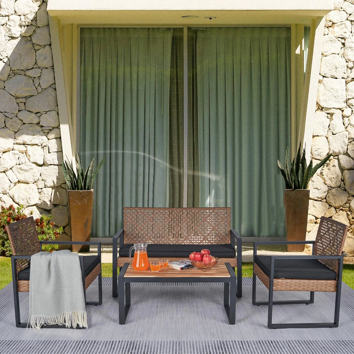 2026 NewHeavy-duty Patio Furniture Set, 4 Piece Outdoor Sectional Conversation Sets, BrownPE Rattan Patio Sofa Set with Blue Cushions