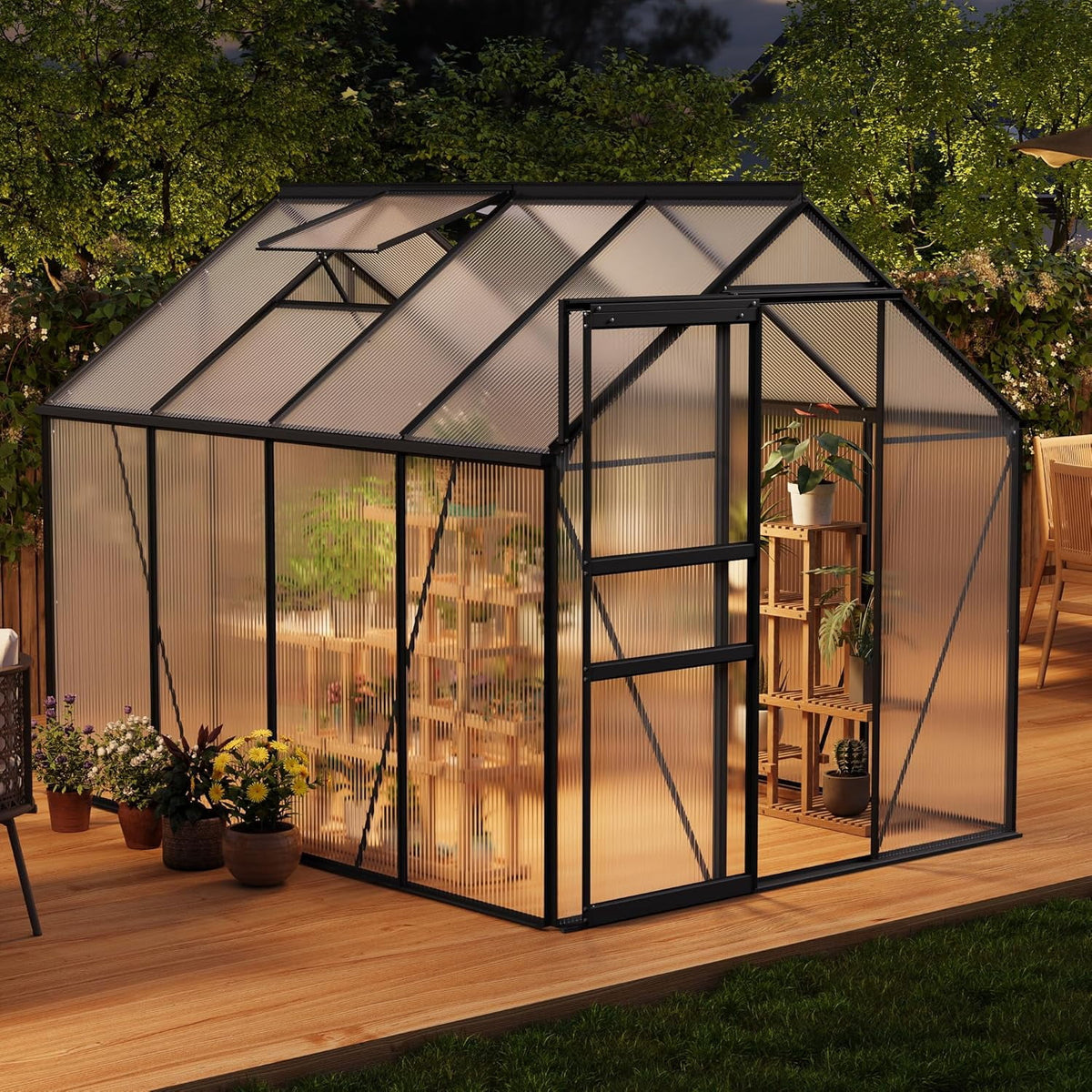 OUYAWEI 6x8FT Outdoor Greenhouse Polycarbonate Aluminum Frame Sliding Door Adjustable Roof Vent Black