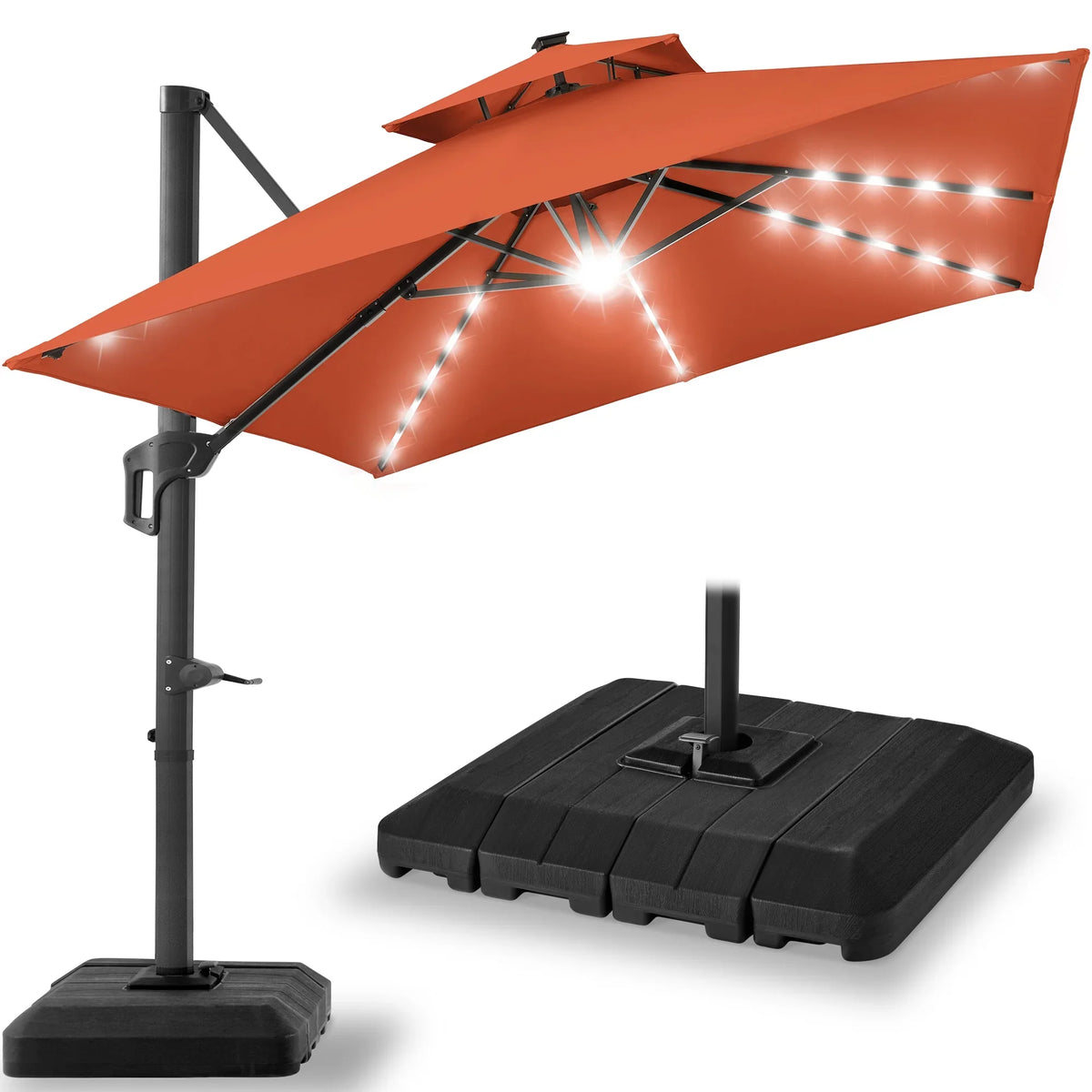 2026 NewBest Choice Products 10x10ft 2-Tier Square Outdoor Solar LED Cantilever Patio Umbrella w/ Base Included - Tan