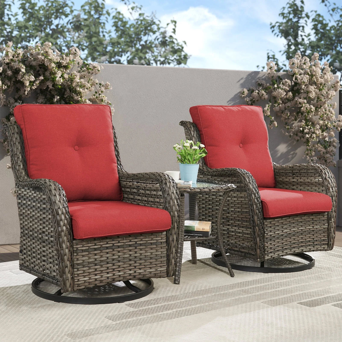 2026 NewPOCASSY 3 Piece Patio Set Outdoor Wicker Glider Rocking and Swivel Chairs with Cushions