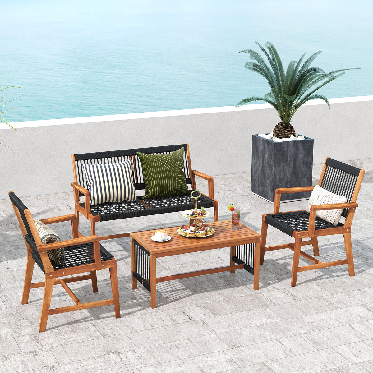 Costway Patio 4pcs Acacia Wood Conversation Table & Chair Set Hand-Woven Rope Outdoor