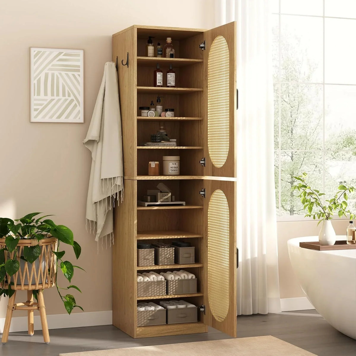 2026 New66-Inch Bathroom Storage Cabinet with Rattan Doors, Bath Room Organizer Floor Cabinets Brown