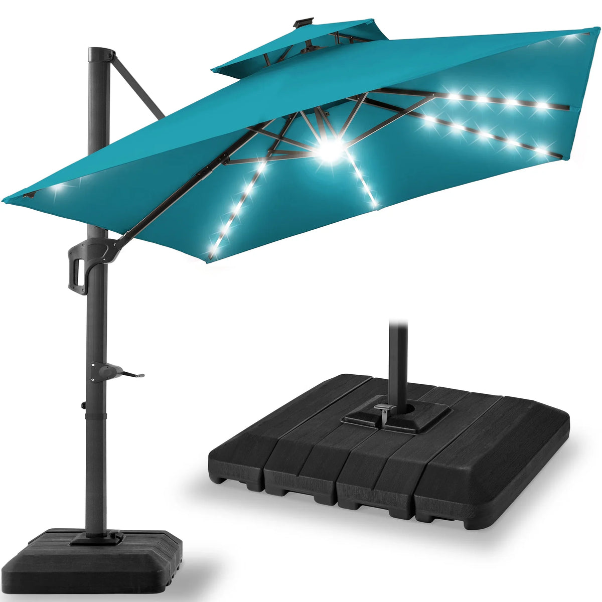 2026 NewBest Choice Products 10x10ft 2-Tier Square Outdoor Solar LED Cantilever Patio Umbrella w/ Base Included - Tan