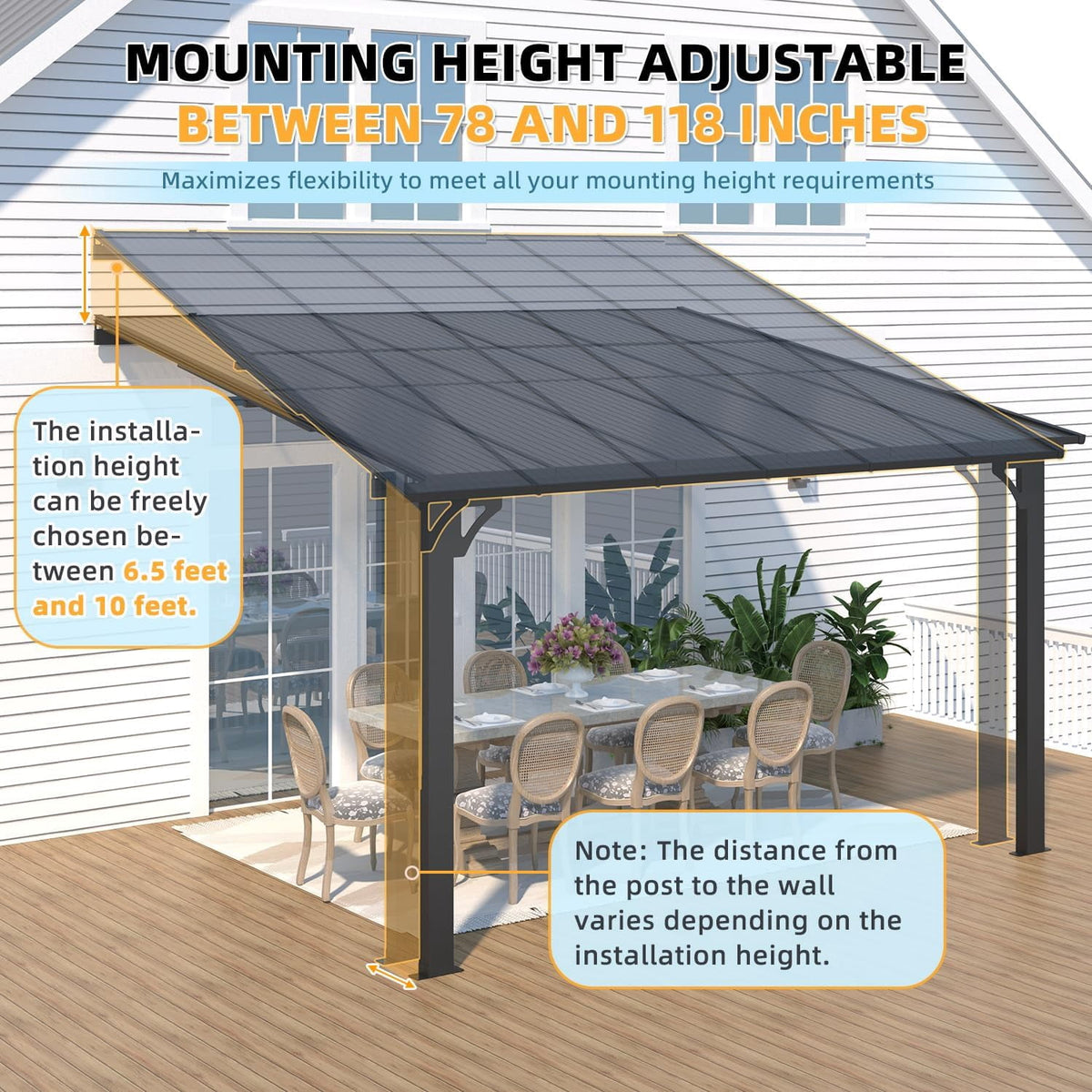 AECOJOY 10' x 12' Wall-Mounted Hardtop Gazebo Outdoor Aluminum Pergola with Adjustable Height for Garden, Patio, Backyard-Gray