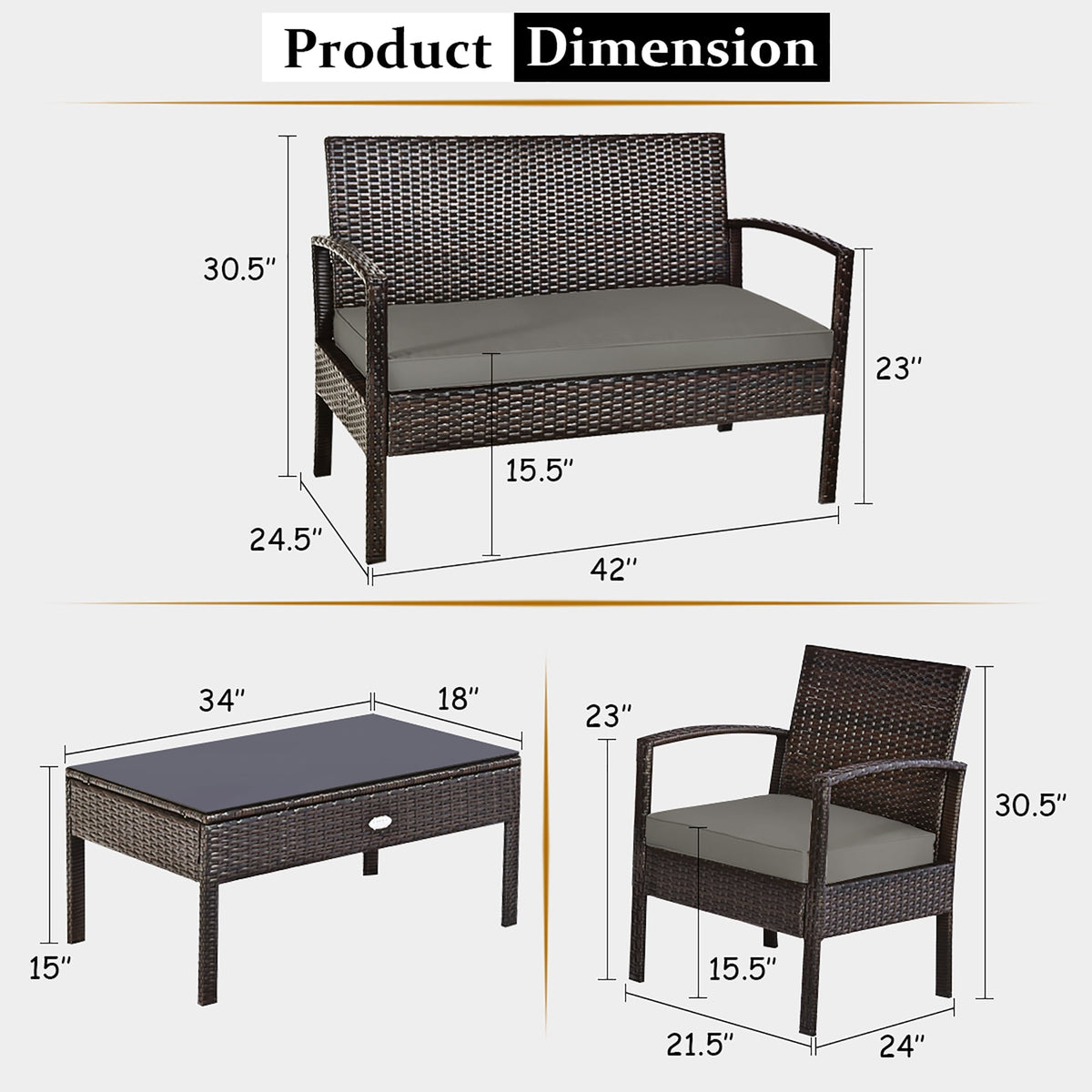 Costway 4pcs Patio Rattan Wicker Furniture Set Loveseat Sofa Cushioned Garden Yard