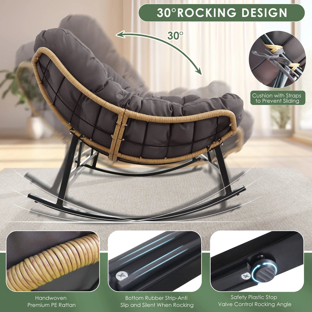 2026 NewRADIATA Beige Double Outdoor Rocking Chair, 2 Person Patio Rocking Egg Chair with Thick Cushion
