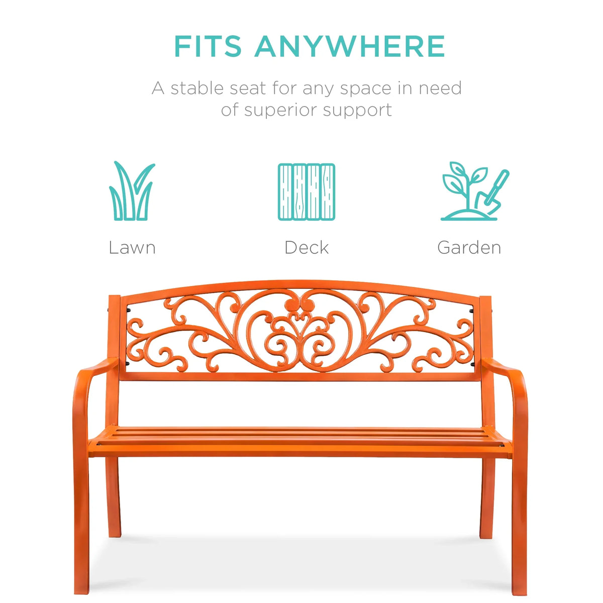 2026 NewBest Choice Products Outdoor Steel Bench Garden Patio Porch Furniture w/ Floral Design Backrest - Black