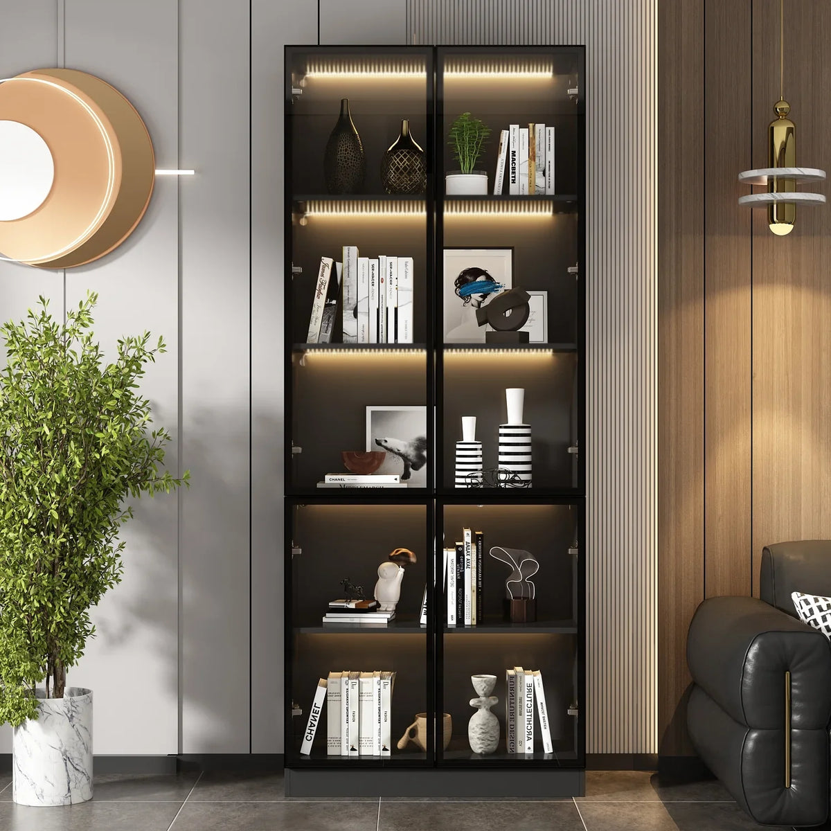 2026 NewKULAGAGA Bookcases Organizer with LED Lights, Heavy Duty Display Cabinet with Glass Door for Living Room, 31.5" Wide