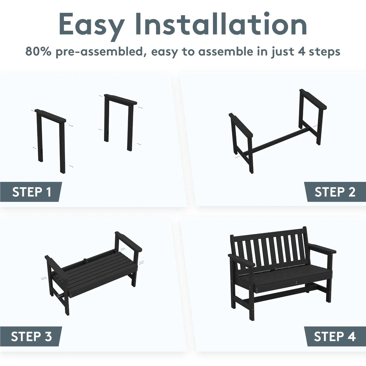 2026 NewSERWALL Outdoor Bench for 2-Person, Weather-Resistant HDPE with Aluminum Reinforcement, Supports 660 lbs, Comfortable Seating for Patio, Garden, and Porch, Black