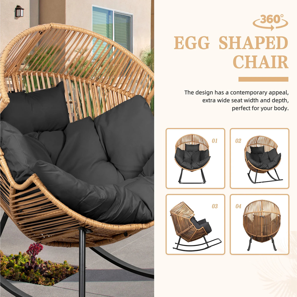 2026 NewWalsunny Egg Chairs Outdoor Patio Wicker Oversized Egg Shell Lounger Lawn Chair with Cushion for Indoor Outside Porch Balcony Backyard, Original Wood Color Rattan Beige Cushion