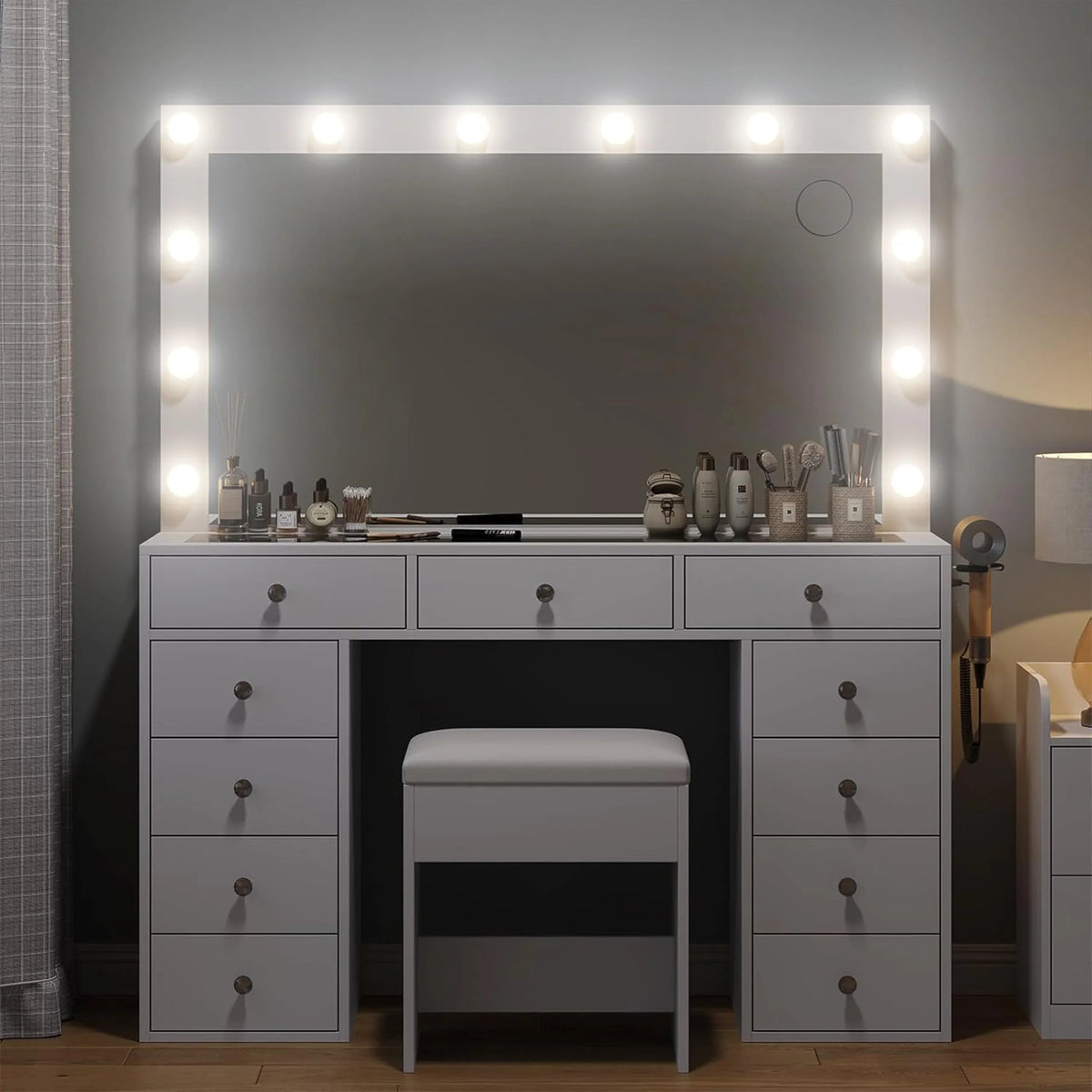 2026 NewWhite Vanity Desk with Illuminated Mirror & Power Outlet, 11 Drawers Vanity Table with Chair, Makeup Vanity with 12 LED Lights, Tempered Glass Top, Dressing Table for Bedroom,Dressing Room