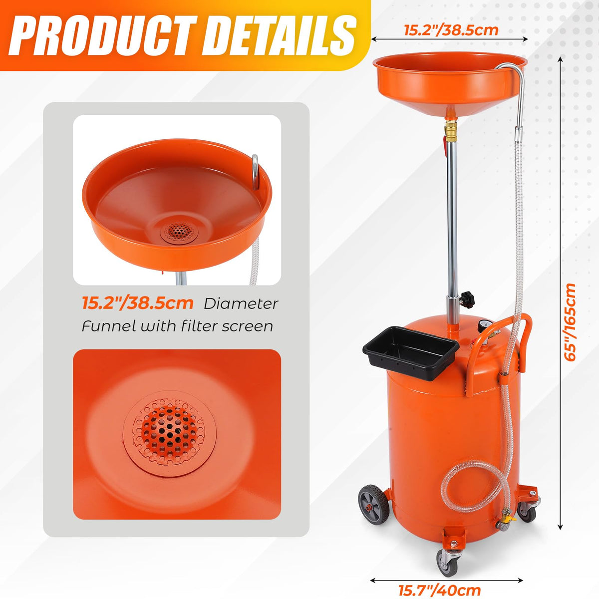Waste Oil Drain Tank Air Operated Portable Oil Drainer with Adjustable Funnel Height Fluid Fuel Transfer Drainage with Wheels for Auto Repair Shops Garages