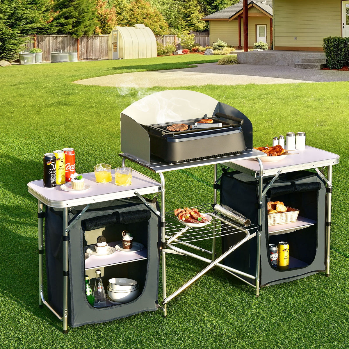 Patiojoy Portable Camping Kitchen Table Aluminum Fold-Up Camping Kitchen with Windscreen for BBQ, Picnic, Party Gray