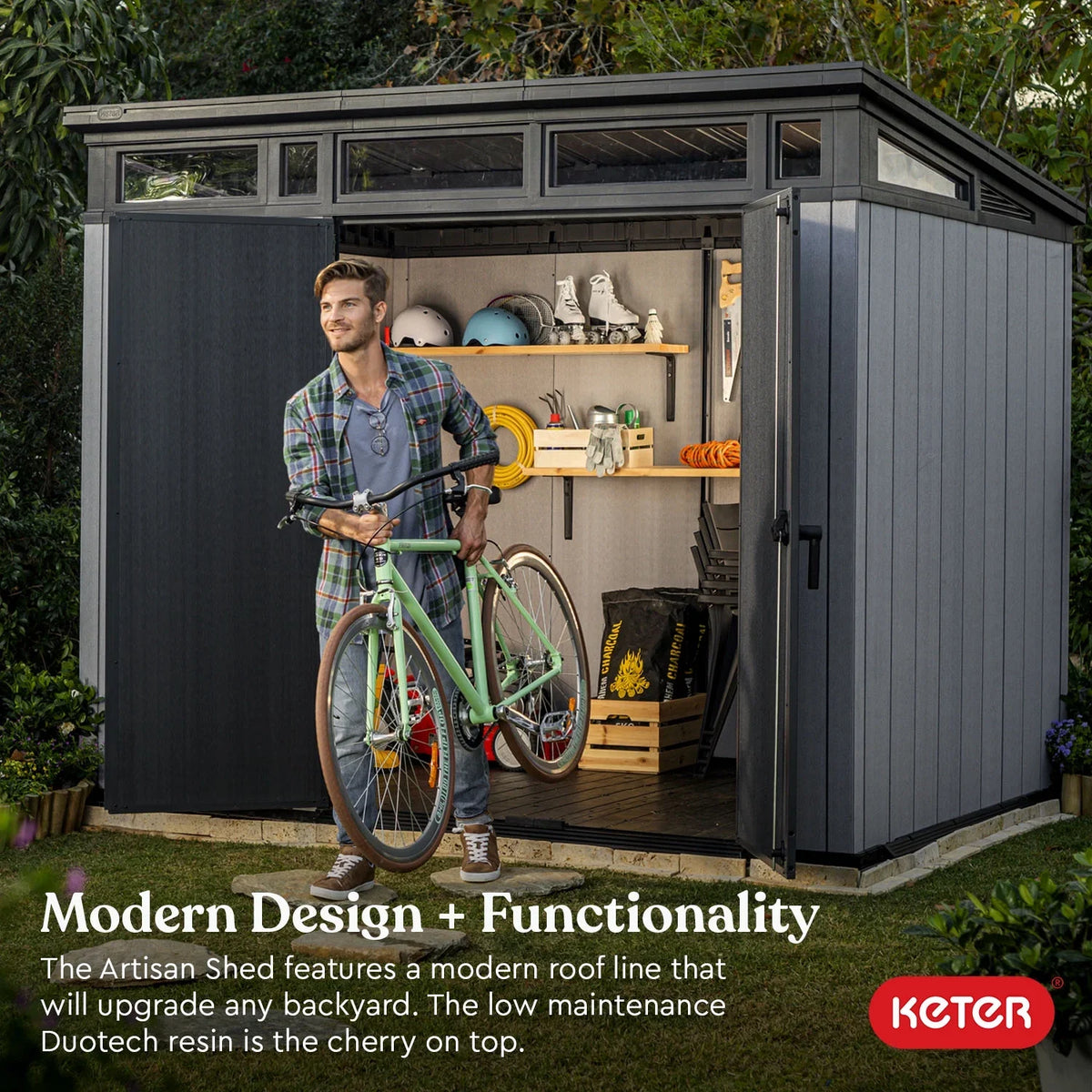 2026 NewKeter Artisan 9x7 Foot Large Outdoor Shed & Floor w/Modern Design, Grey