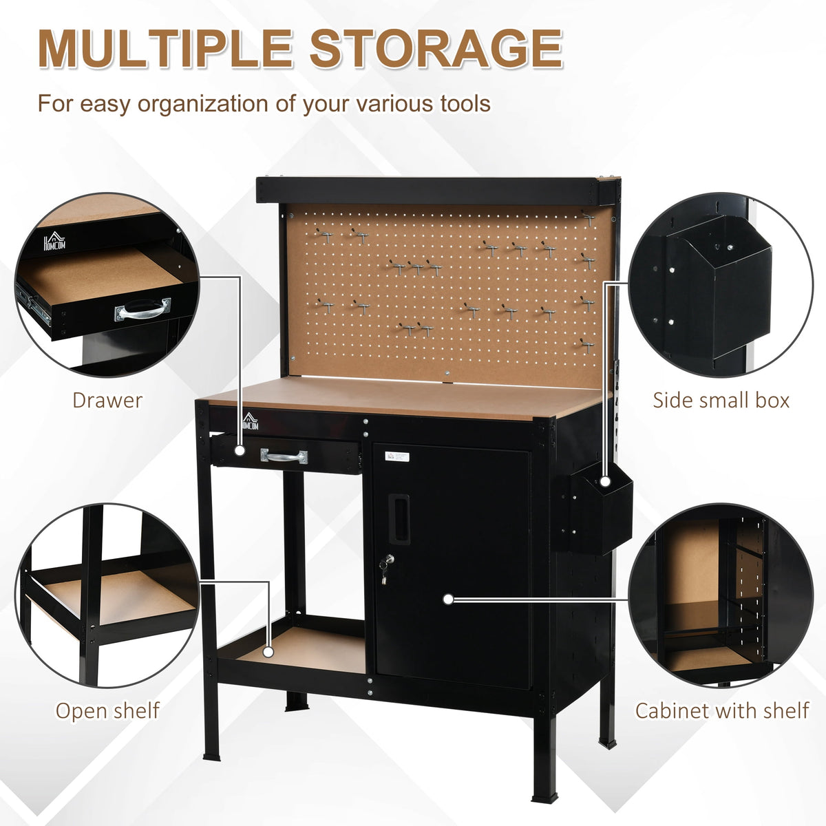 HOMCOM Garage Workbench with Storage Drawer, Peg Board, Lockable Cabinet