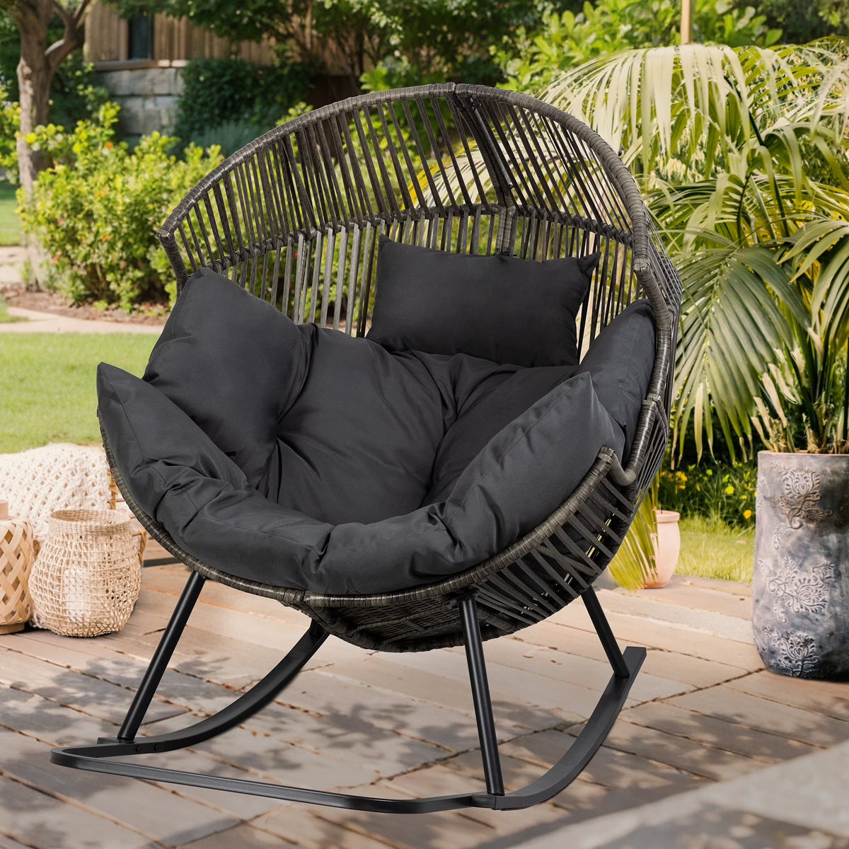 2026 NewWalsunny Egg Chairs Outdoor Patio Wicker Oversized Egg Shell Lounger Lawn Chair with Cushion for Indoor Outside Porch Balcony Backyard, Original Wood Color Rattan Beige Cushion