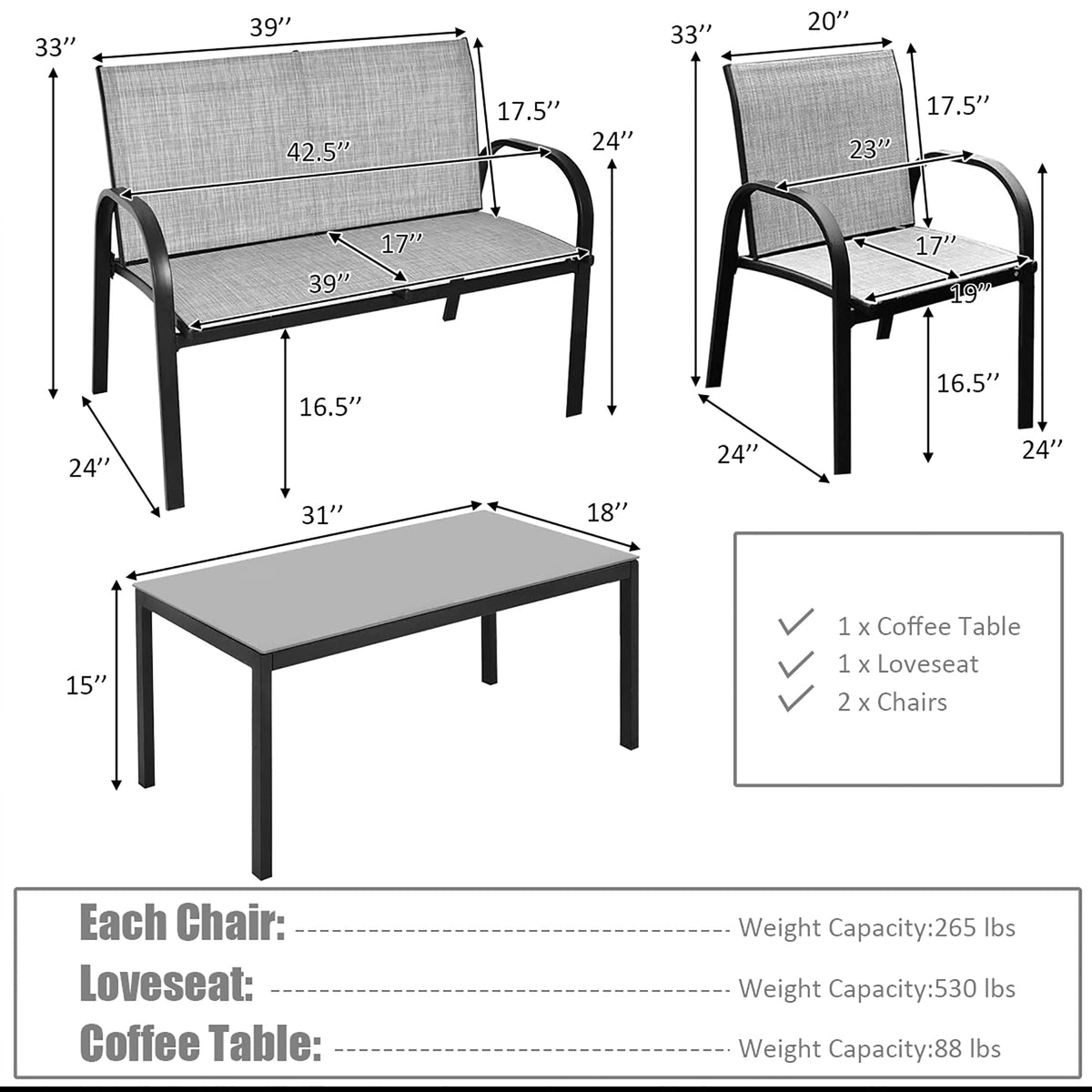 Costway 4 PCS Patio Furniture Set Sofa Coffee Table Steel Frame Garden Deck Gray