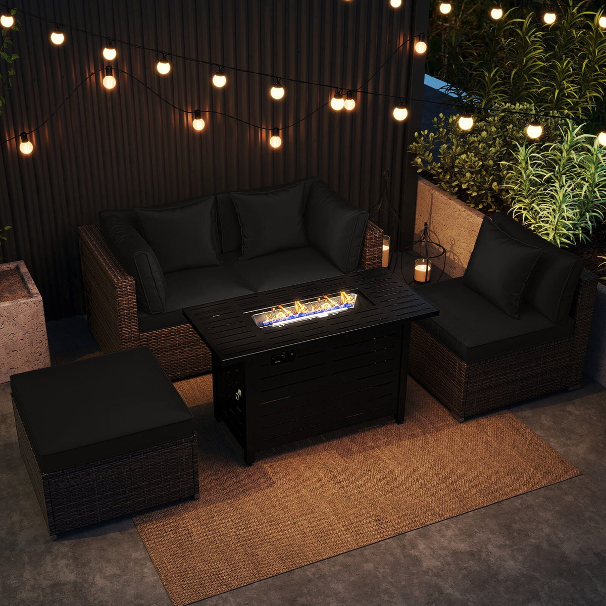 Costway 5 PCS Patio Furniture Set Heavy-duty Frame Rattan Sofa Set with 60,000 BTU Firepit Table Black
