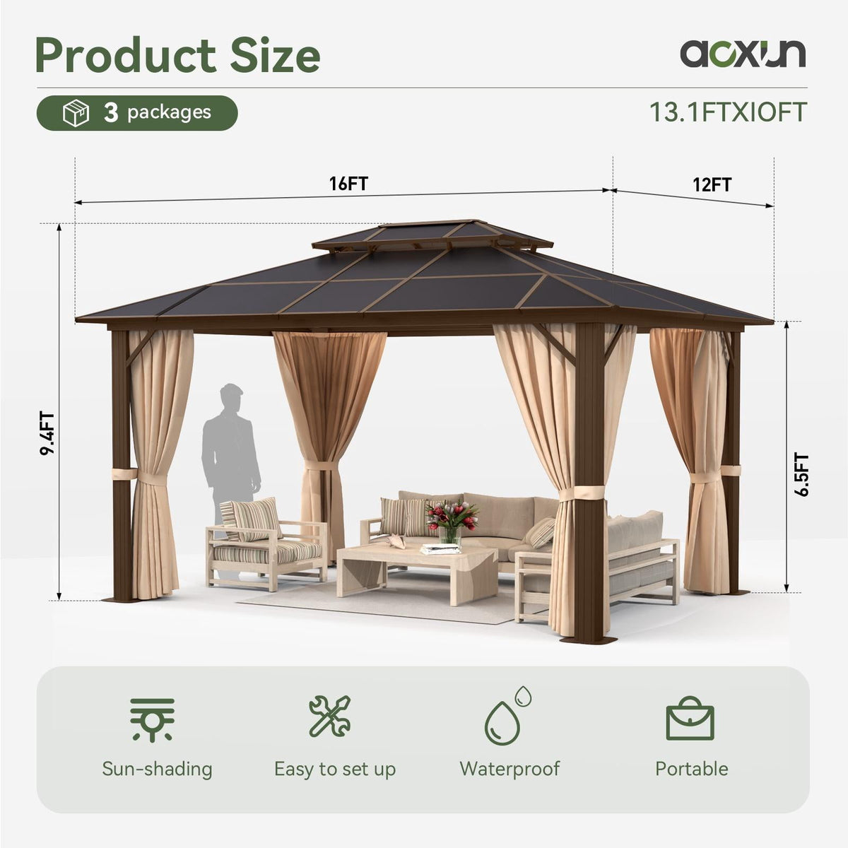 Aoxun 12 ft. x 16 ft. Hardtop Gazebo, Aluminum Frame Permanent Pavilion with Curtains and Netting, Outdoor Polycarbonate Double Roof Canopy, for Garden, Lawns, Patio