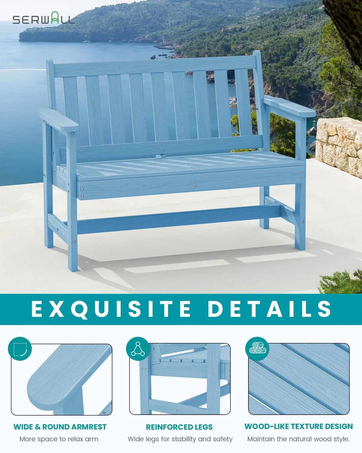 2026 NewSERWALL Outdoor Bench for 2-Person, Weather-Resistant HDPE with Aluminum Reinforcement, Supports 660 lbs, Comfortable Seating for Patio, Garden, and Porch, Black