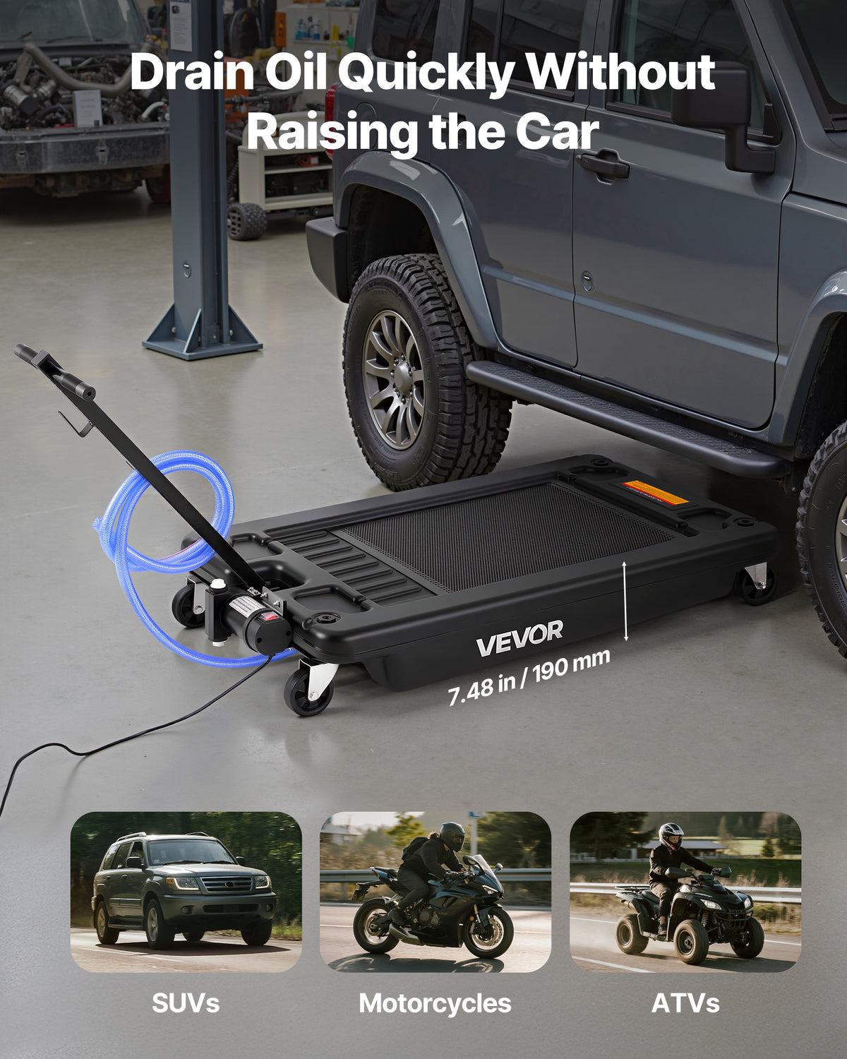 VEVOR Low Profile Oil Drain Pan, 17 Gallon Capacity, Rolling Oil Drain Pan with Electric Pump, 7.2 ft Hose & T Folding Handle, Leak-proof & Corrosion-resistant, Fit for Cars