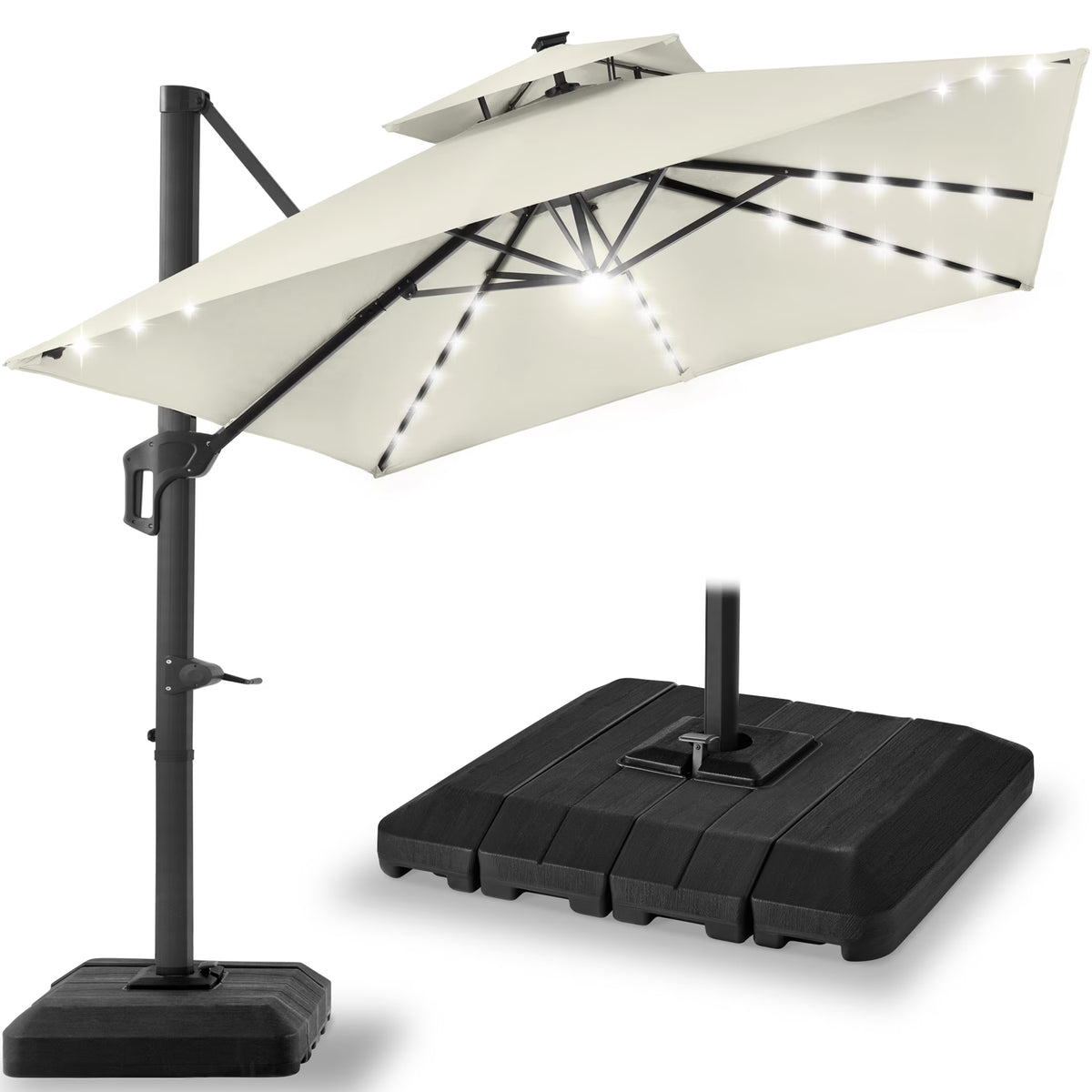 2026 NewBest Choice Products 10x10ft 2-Tier Square Outdoor Solar LED Cantilever Patio Umbrella w/ Base Included - Tan