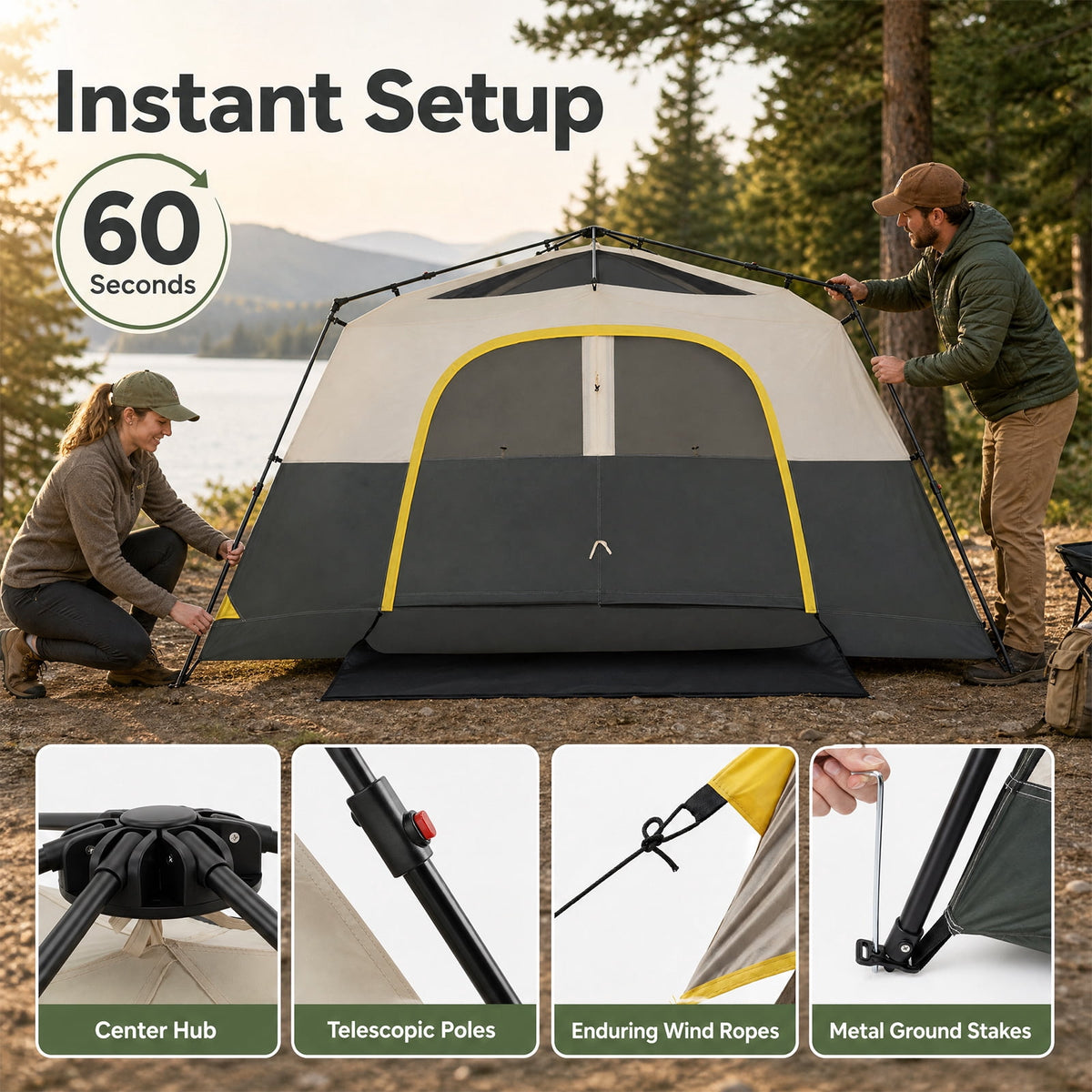 Gymax 10 Person Instant Cabin Camping Tent w/ Rainfly Carry Bag 13 ft x 9 ft Beige & Black