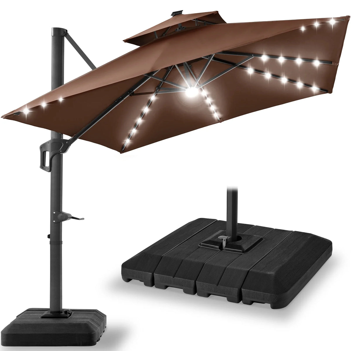 2026 NewBest Choice Products 10x10ft 2-Tier Square Outdoor Solar LED Cantilever Patio Umbrella w/ Base Included - Tan