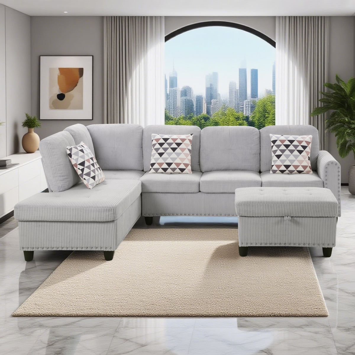 2026 NewAENKYO 95" L-Shaped Corduroy Modular Sectional Sofa with Ottoman & Cup Holders �C Living Room Couch for Apartments"Light Gray