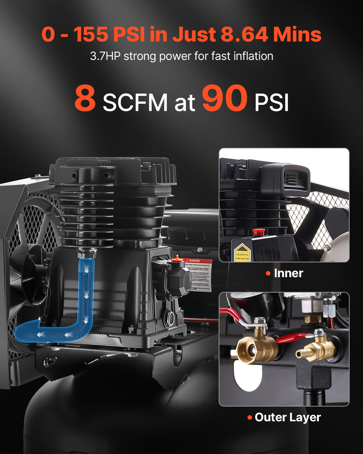 VEVOR 60 Gallons Heavy-Duty Air Compressor, 3.7HP 8 SCFM at 90PSI Air Compressors Max 155PSI Pressure, Oil-Lubricated Compressor Tank(230V 60Hz, No-Plug)