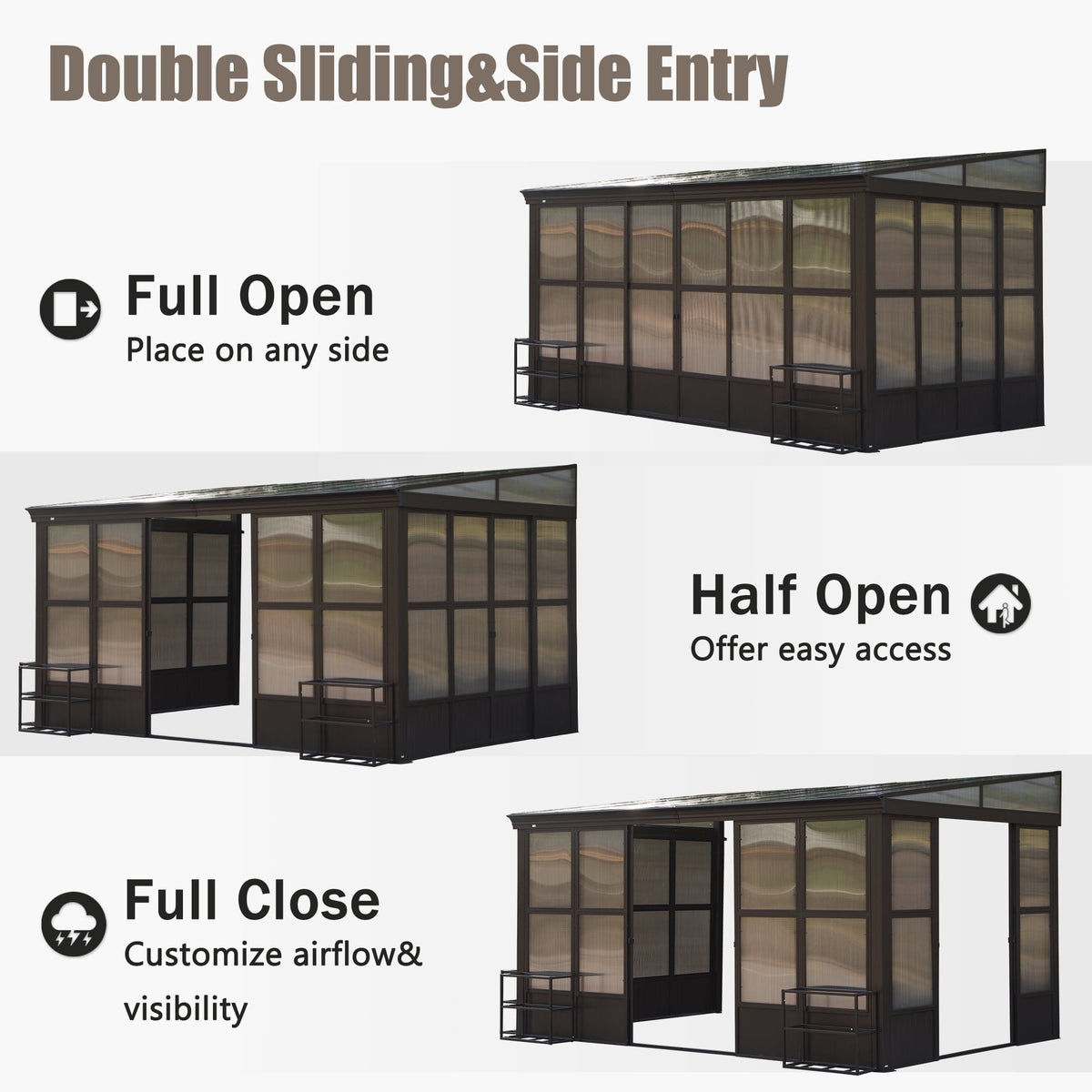 Domi 10x14FT All-Season Sunroom, Aluminum Lean-To Gazebo with Detachable Polycarbonate Windows, 2 Lockable Sliding Doors, for Patio/Garden Deck