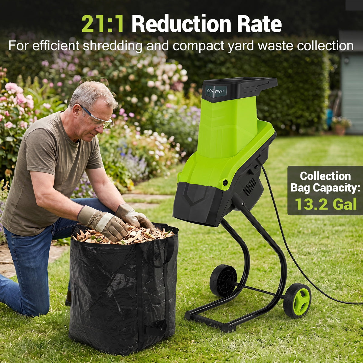 Costway 15-Amp Electric Wood Chipper Shredder Mulcher, 1.8" Max Cutting Diameter Green+Black