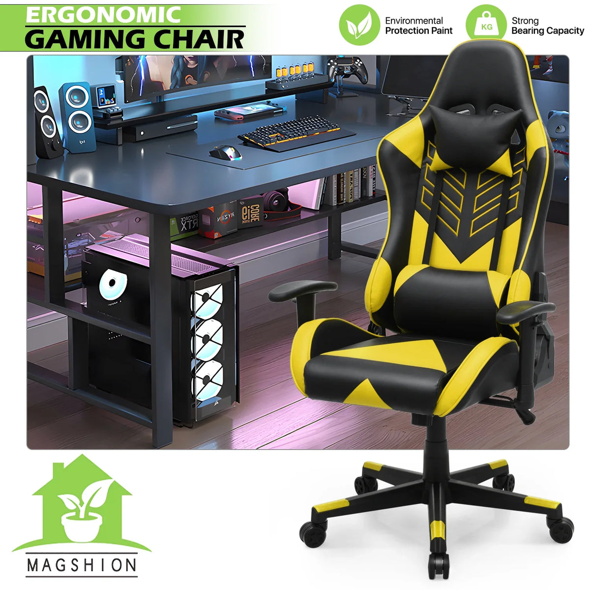 2026 NewMagshion Ergonomic Gaming Chair, Comfortable Gaming Chair, Computer Chair Leather Desk Chair Adjustable Swivel Gaming Office Chair, Blue