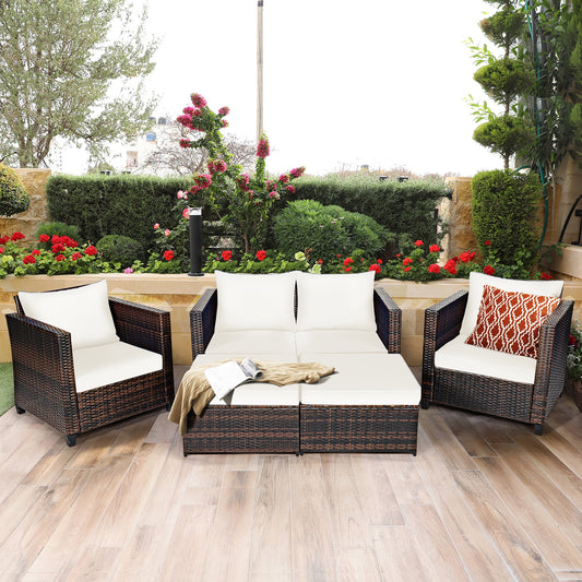 Costway 5PCS Patio Rattan Furniture Set Loveseat Sofa Ottoman Cushioned White