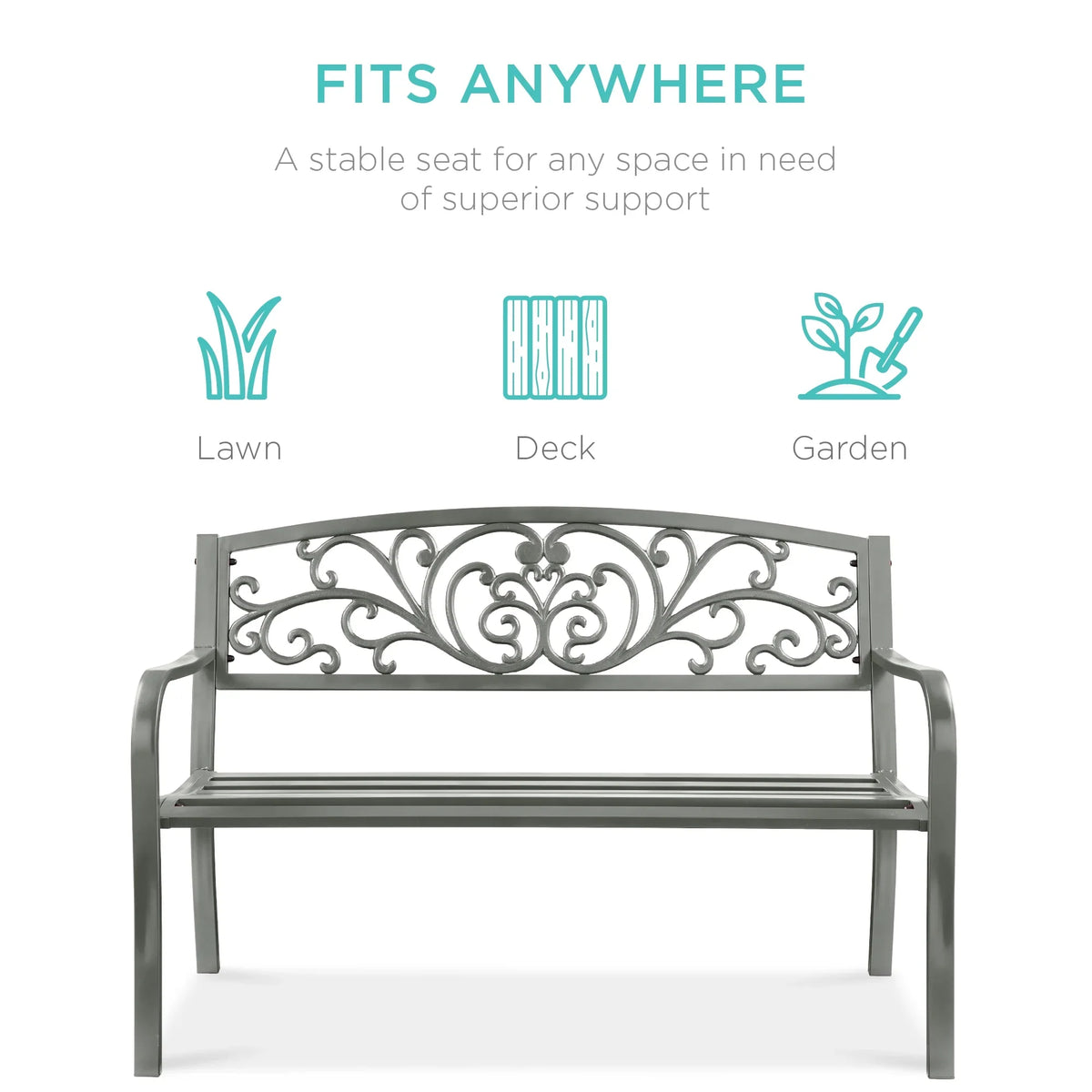 2026 NewBest Choice Products Outdoor Steel Bench Garden Patio Porch Furniture w/ Floral Design Backrest - Black