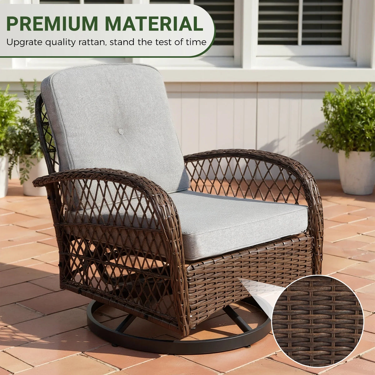 2026 New3 Piece Patio Swivel Rocker Chairs Set, 2 360-Degree Swivel Rocking Chairs with 1 Glass Top Table, PE Rattan Outdoor Bistro Set with Cushions for Balcony Deck Poolside Backyard Porch