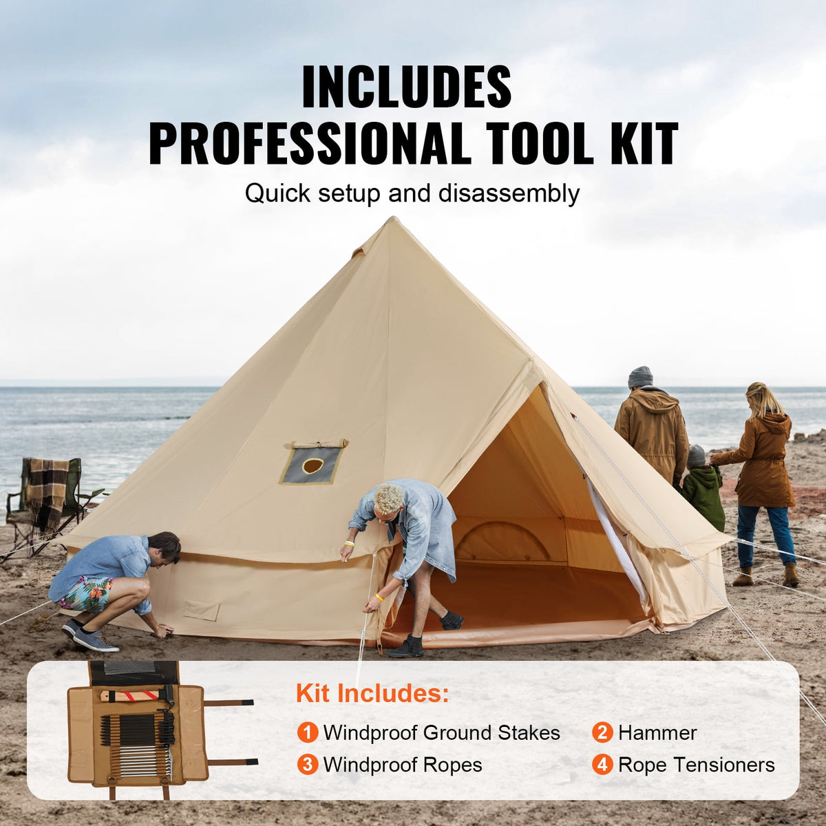 KFFKFF Fabric Bell Shelter, All-Weather 3 m/9.8ft Nomadic Tent, Camping Canvas Tent with Stove Outlet, Ventilated Shelter Accommodates 4 Individuals, Outdoor Family Camping and Hunting Gathering