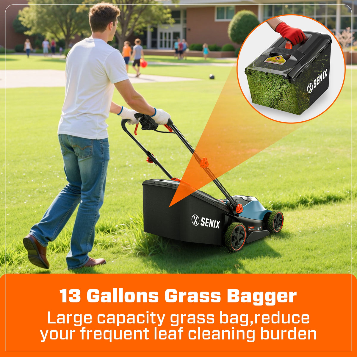 SENIX LPPX2-M4 15" 40V Battery Powered Push Walk-Behind Lawn Mower, Mulching and Bagging, 6-Position Height Adjustment, Brushless Motor, Cordless